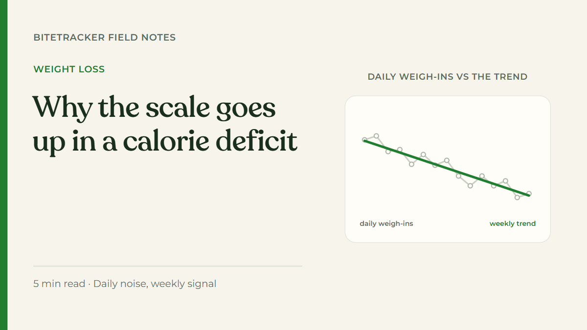 Zigzag line of daily weigh-ins drifting down around a smooth green weekly trend line