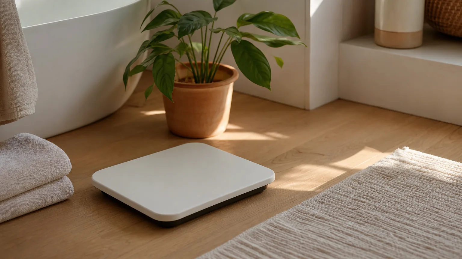 A bathroom scale on a wooden floor beside a folded towel and a small plant in morning light