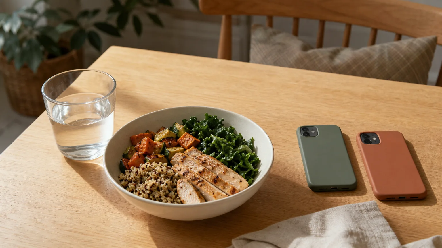 A kitchen table with a balanced lunch bowl, a glass of water and two phones lying face down
