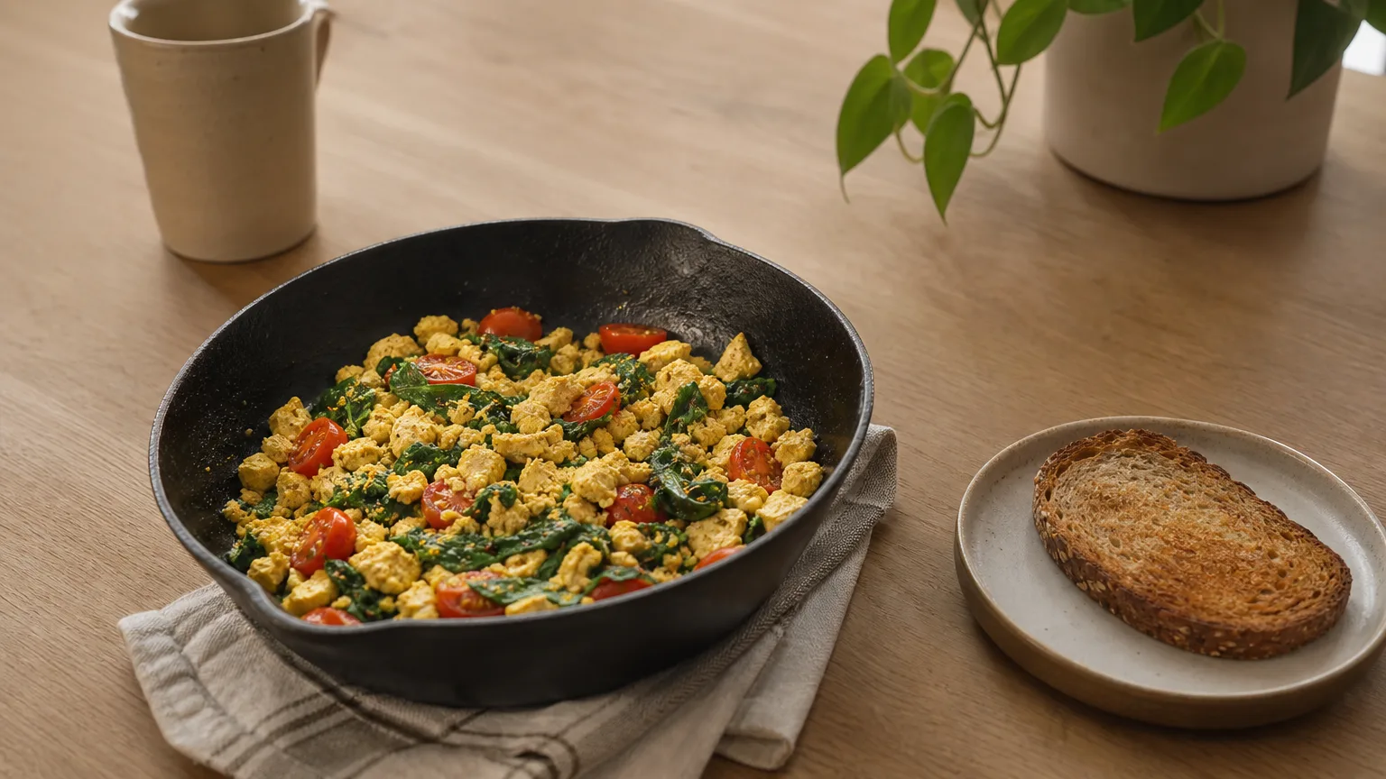 A skillet of tofu scramble with spinach and cherry tomatoes next to a slice of whole-grain toast