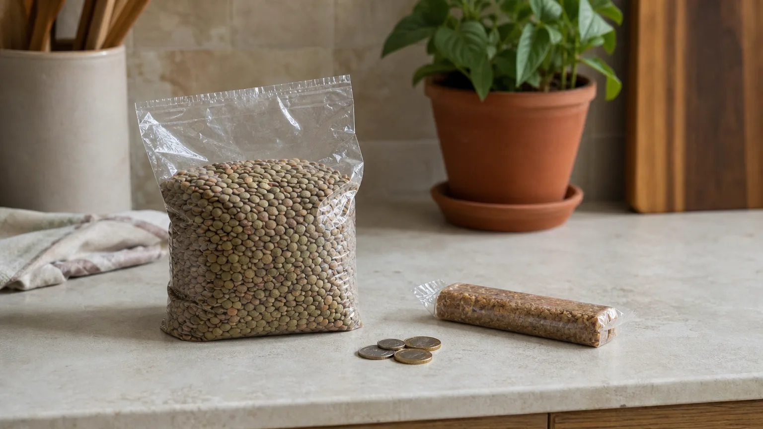 A large bag of dried lentils next to a single protein bar and a few coins