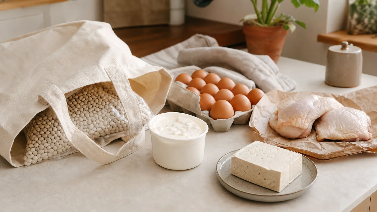 Budget groceries on a counter: dried beans, eggs, yogurt, chicken thighs and tofu