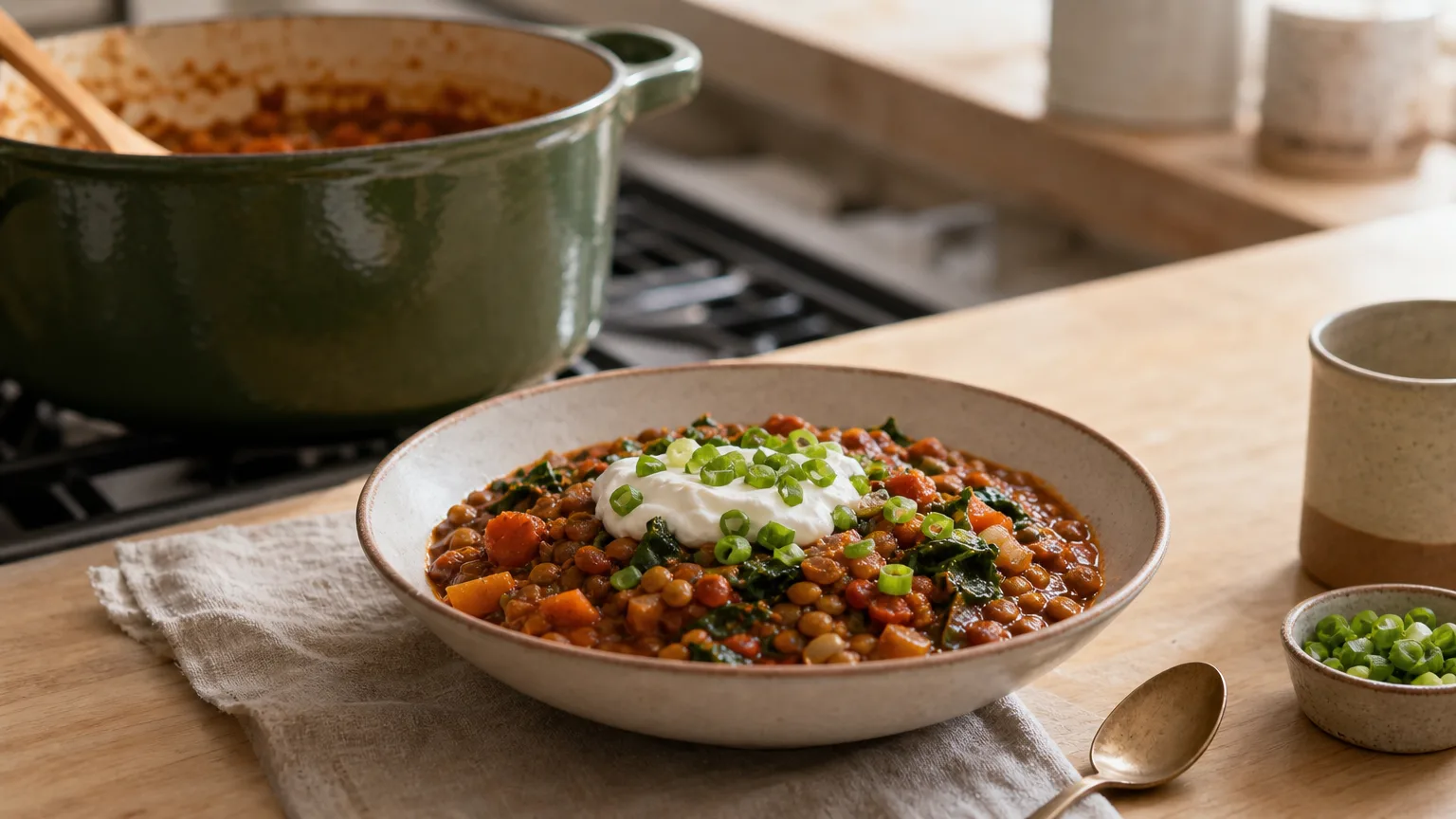 A bowl of lentil chili topped with yogurt and scallions, with the pot behind it