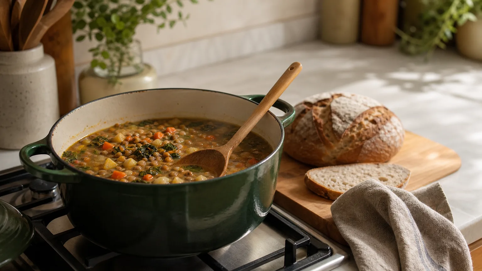 A pot of lentil and vegetable soup on the stove with a ladle, next to a loaf of bread on a board