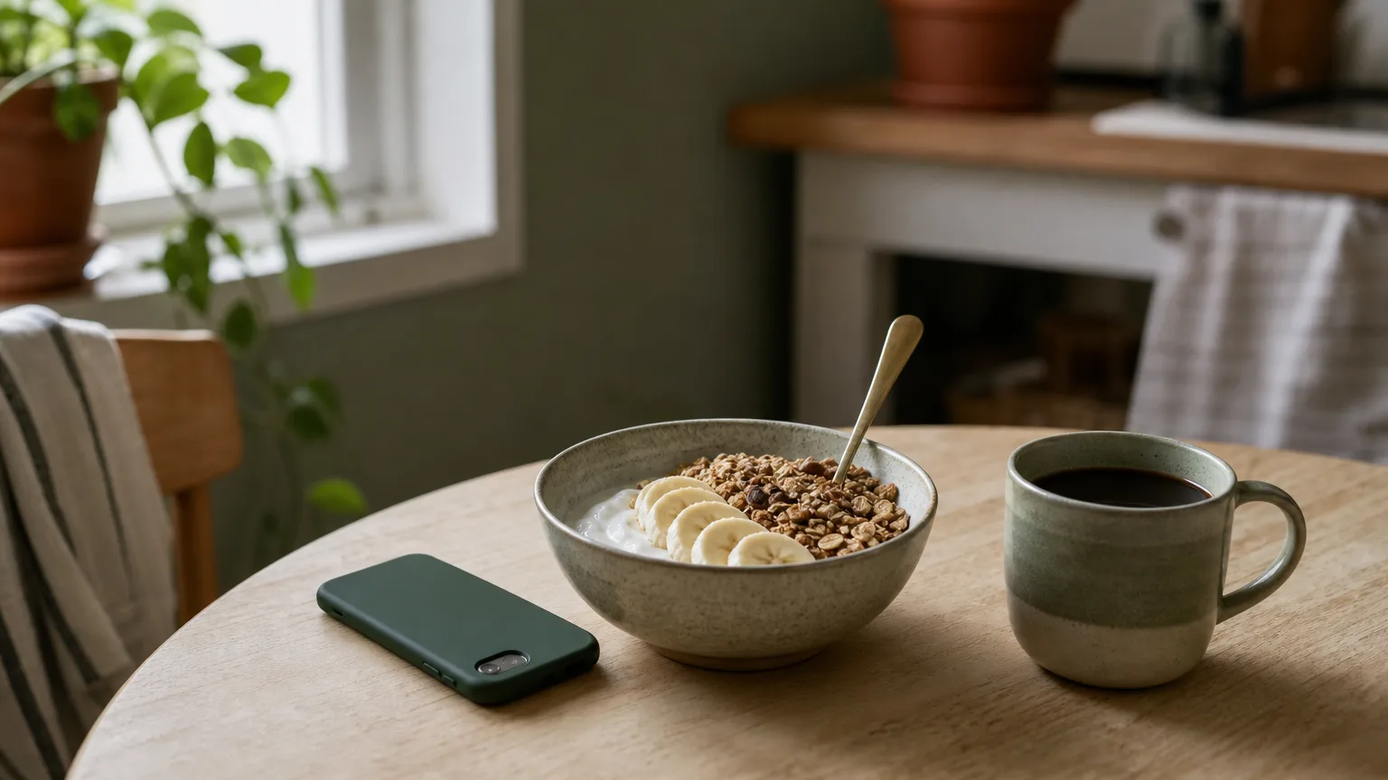 A bowl of yogurt with granola and banana and a mug of coffee, with a phone face down beside them