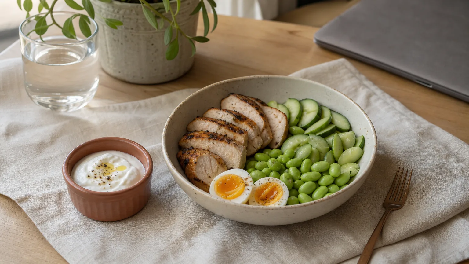Lunch bowl of sliced chicken, a halved egg, edamame and cucumber with a side of Greek yogurt