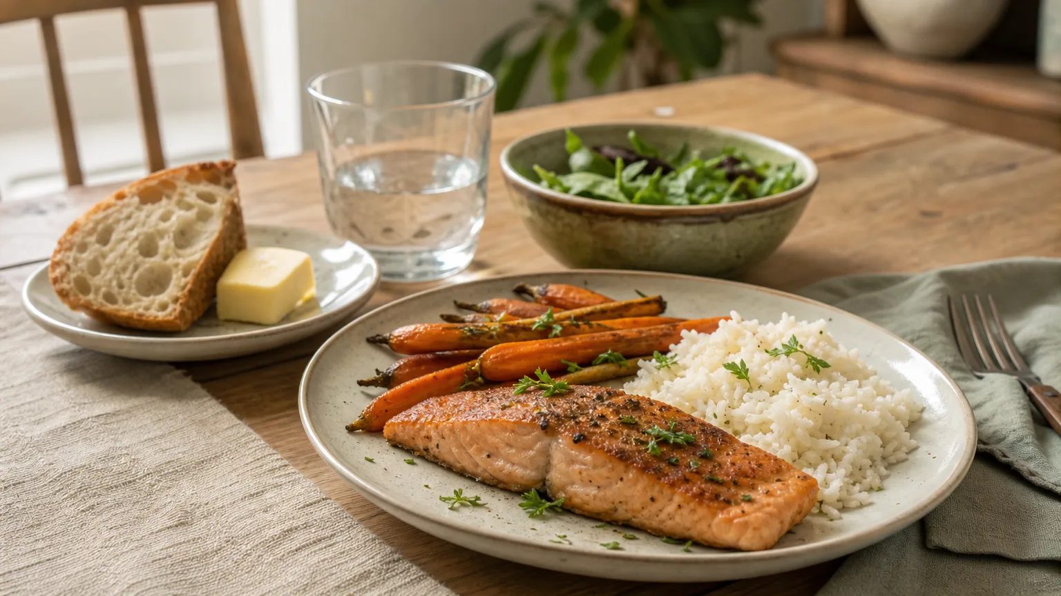 A dinner of salmon, roasted carrots and rice with a slice of crusty bread and butter on the side