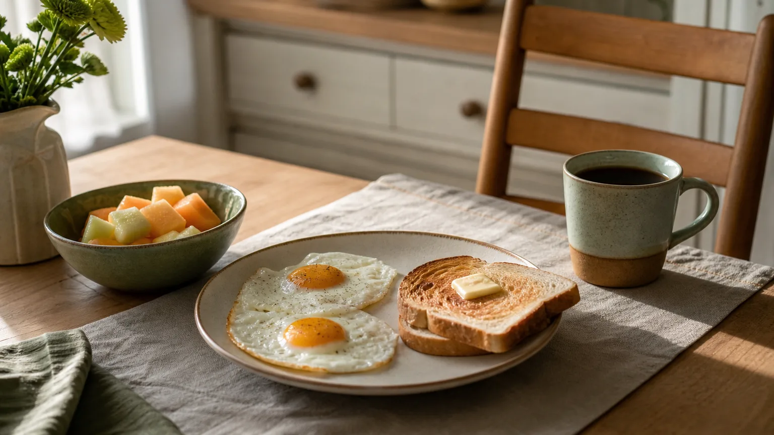 A weekend breakfast of fried eggs, buttered toast, sliced melon and coffee