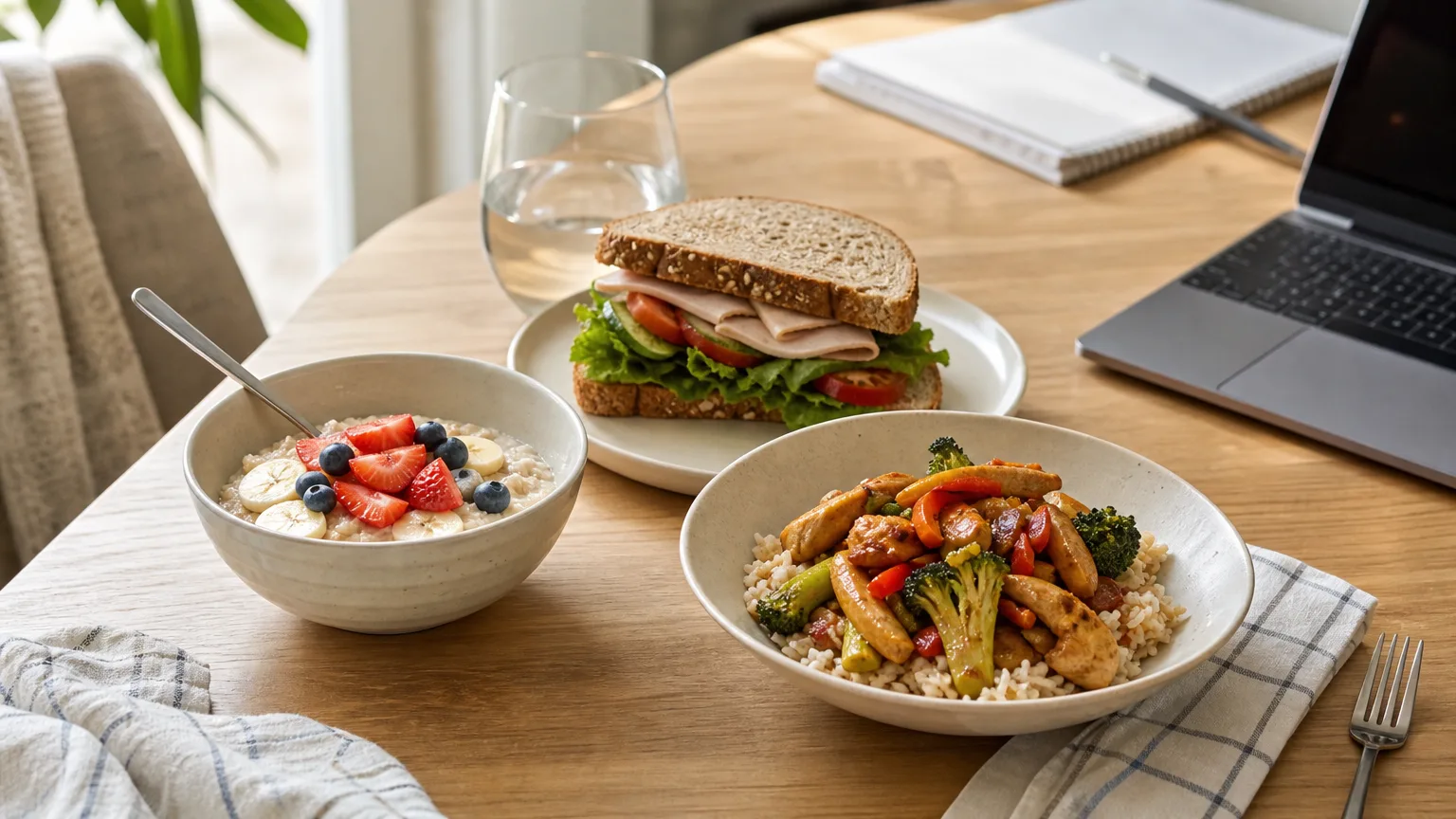 A day of meals on a table: oatmeal with fruit, a sandwich and a chicken stir-fry