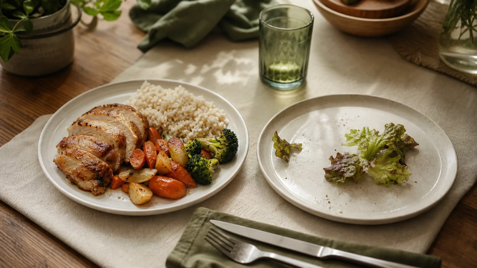A filling plate of chicken, vegetables and rice beside a near-empty plate of lettuce