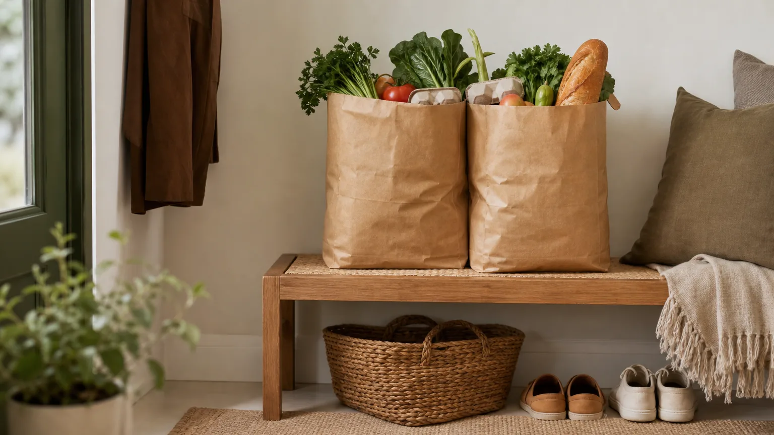 Paper grocery bags with vegetables, eggs and bread on an entryway bench