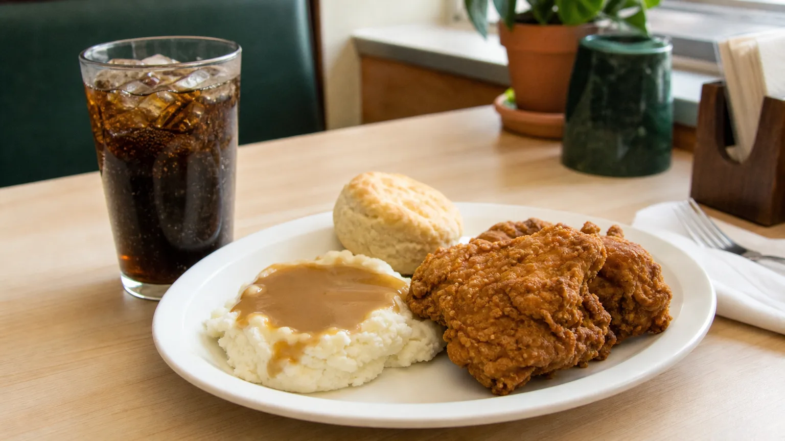 A large restaurant plate of fried chicken, mashed potatoes, gravy and a biscuit with a soda