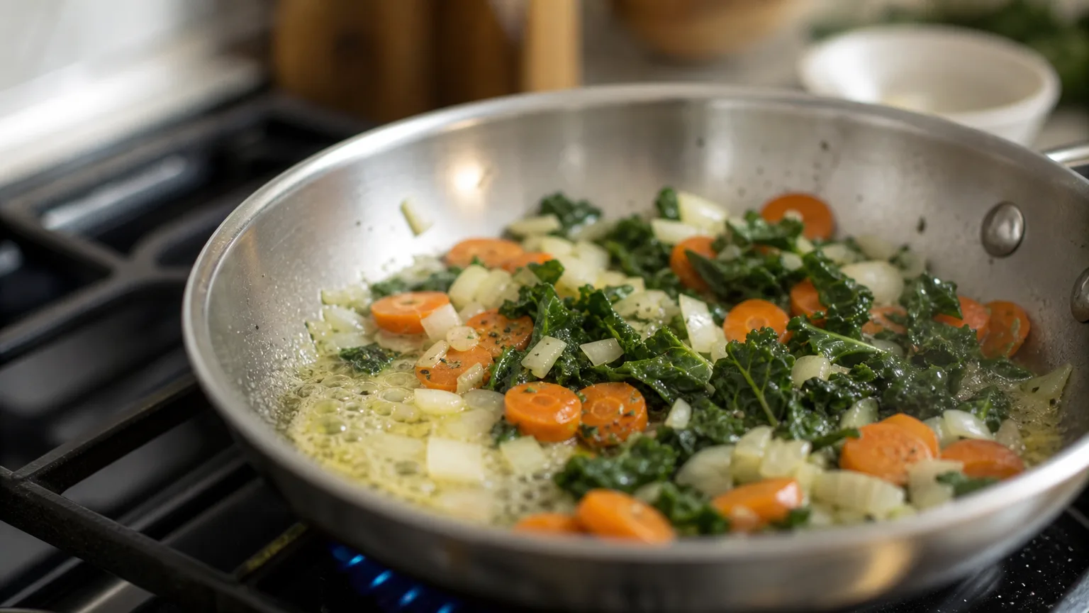Carrots, onion and kale sauteing in butter in a steel pan