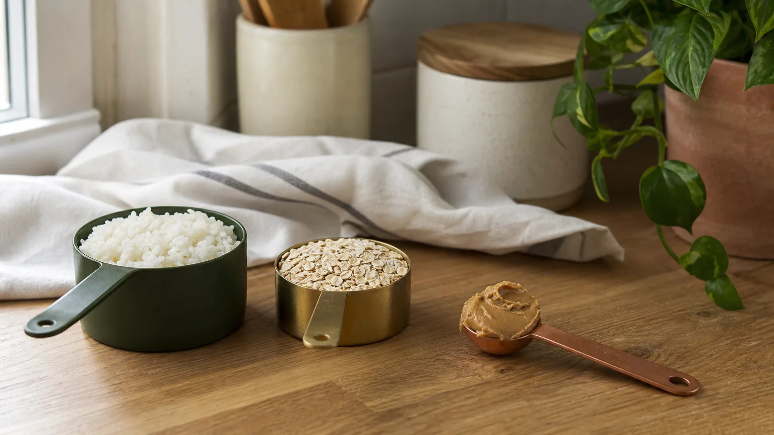Measuring cups and spoons holding rice, oats and peanut butter