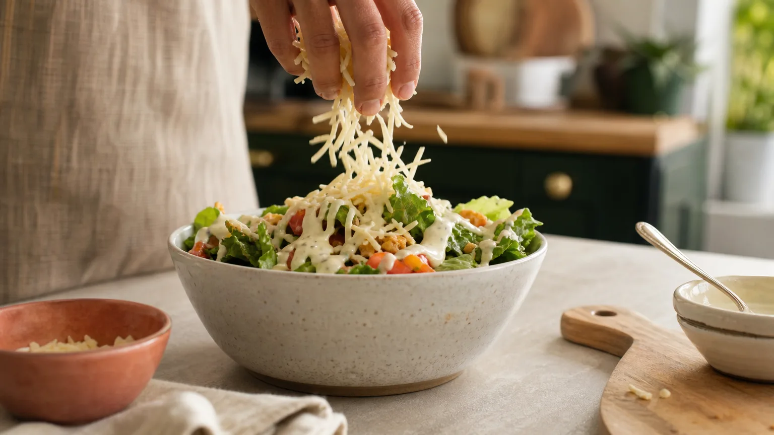 A salad being topped with a big handful of shredded cheese and a drizzle of dressing