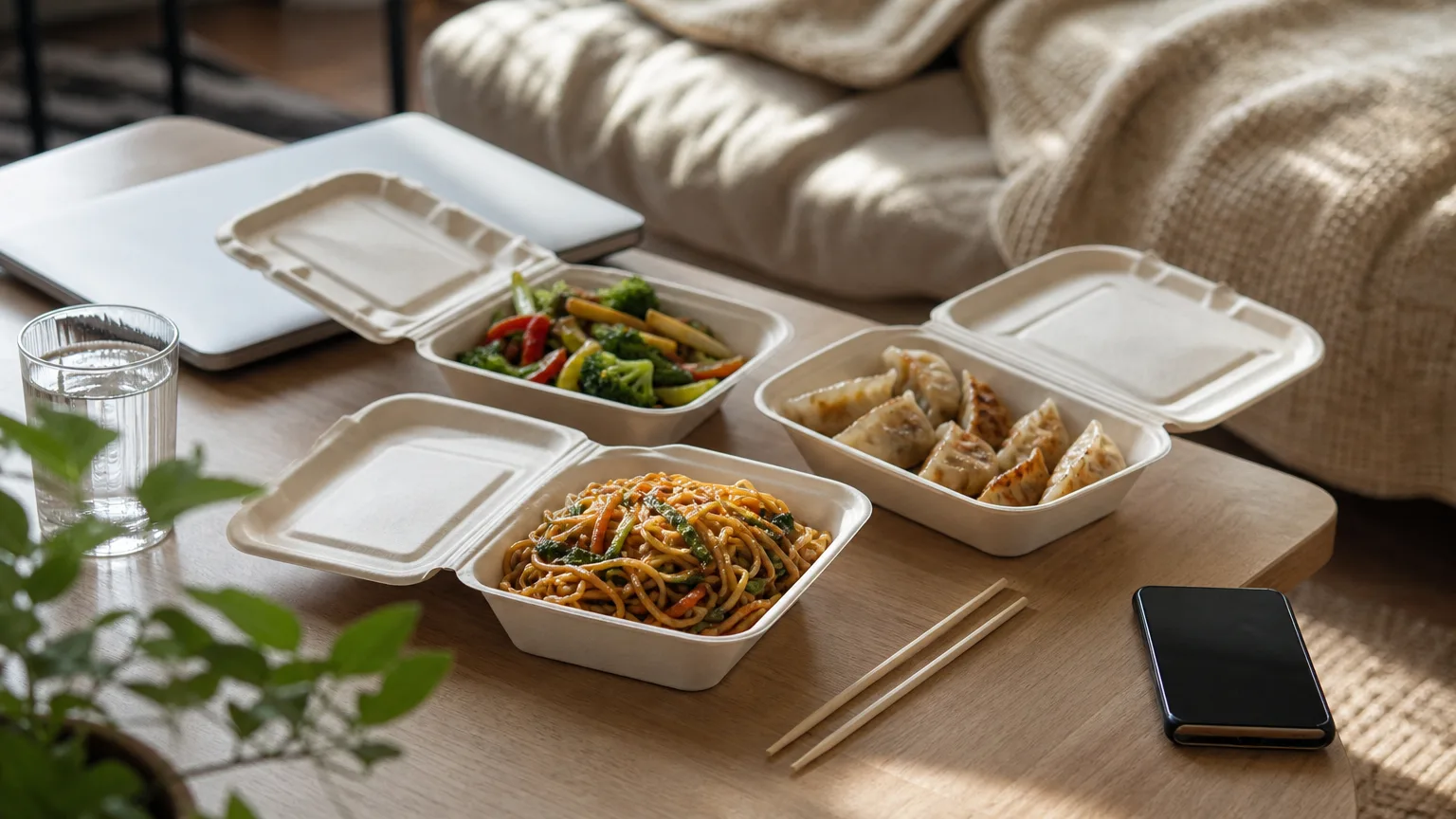 Open takeout containers of noodles, stir-fry and dumplings with chopsticks