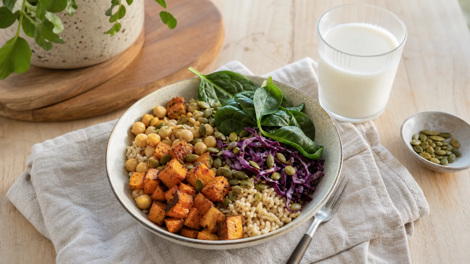 A grain bowl of chickpeas, roasted sweet potato, spinach, red cabbage and pumpkin seeds next to a glass of milk